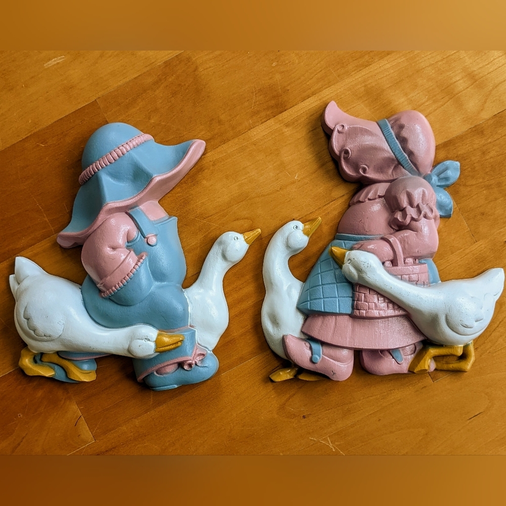 Vintage 80s Burwood 2pc Cottagecore Children Geese Pink & Blue Wall Hangings VTG